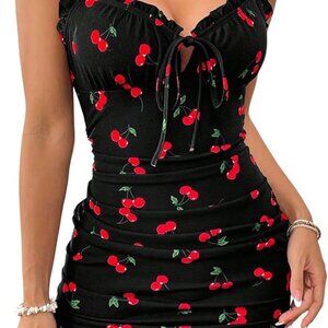 Women's Cherry Print Ruffle Sleeve Dress with Tie Front Bodycon Mini